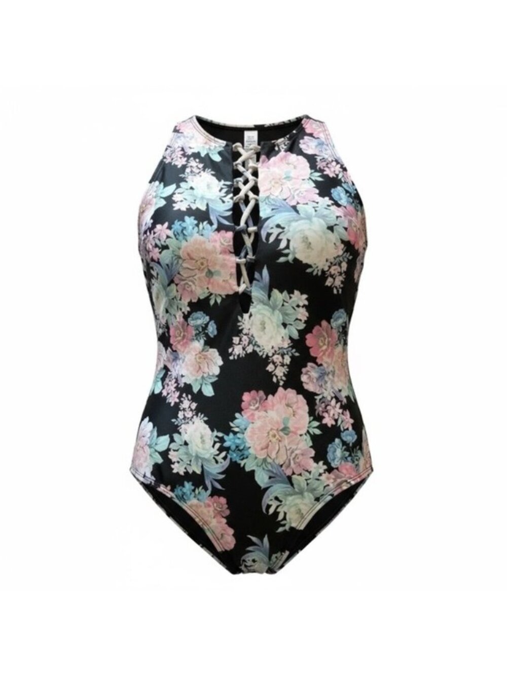 Bathing suit, one piece, black floral, size large